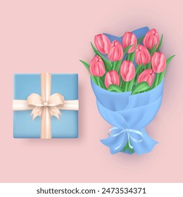 3d realista caja de regalo azul con gran arco blanco y hermoso ramo de tulipanes rosas envuelto en papel artesanal y atado con una cinta. Presente tridimensional y flores para el saludo