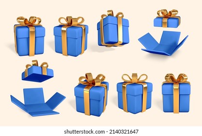 Cajas de regalo azul realistas en 3D con arco dorado. Cajas de papel con cinta y sombra aisladas en fondo blanco. Ilustración vectorial.