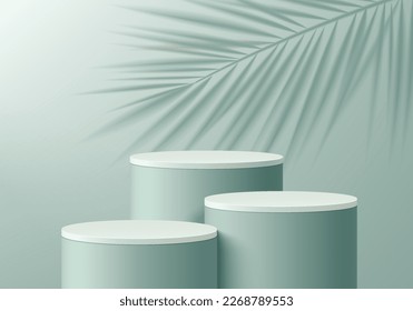 3D realistic blue and green stand podium set background with palm leaf shadow overlay. Minimal wall scene mockup product stage for showcase, Banner promotion display. Abstract vector geometric forms