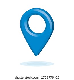 3D Realistic Blue Map Pin Vector Illustration. Glossy Location Pointer Icon with Shadow Isolated on White Background. GPS Navigation Marker Symbol for Travel App, Map Interface and Web UI Design.