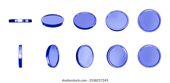 3d realistic blue metal coins in different views rotating vertically and horizontally. Shiny blank coins vector isolated set