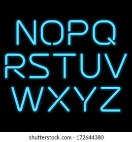 3D realistic blue neon letters. San-serif neon alphabet.