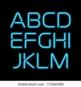 3D realistic blue neon letters. San-serif neon alphabet.