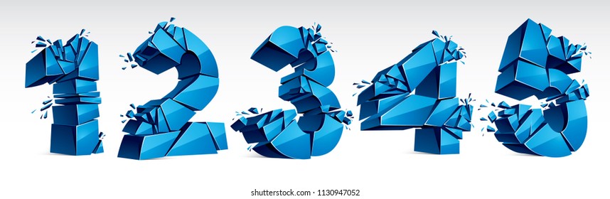 3D realistic blue numbers set 1 2 3 4 5 vector illustration, breaking to pieces digits over white symbols collection.