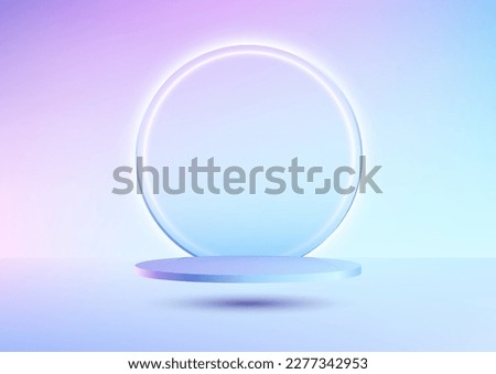 3D realistic blue and pink gradient empty podium floting in the air with circle transparent glass and neon light backdrop minimal wall scene background. You can use for cosmetic mockup presentation