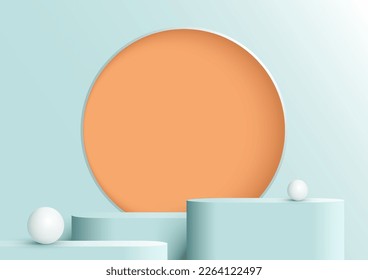 3D realistic blue podium stand pedestal with yellow circle frame backdrop decoration white balls on blue studio room background. You can use for product presentation, cosmetic display mockup, showcase
