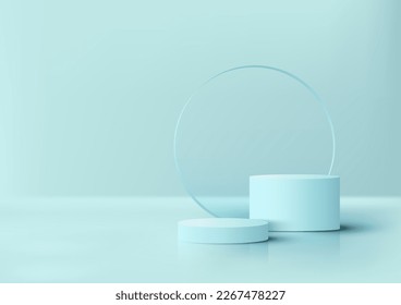 Soporte de podio azul realista 3D con fondo de círculo de vidrio transparente escena mínima de pared sobre fondo azul suave. Pantalla para spa y belleza, presentación de productos cosméticos, escenario de simulación