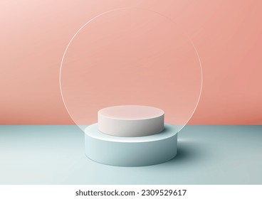 3D realistic blue podium stand with circle transparent glass backdrop and natural light on pink background. Product display for beauty cosmetic advertising, mockup product showcase, business present