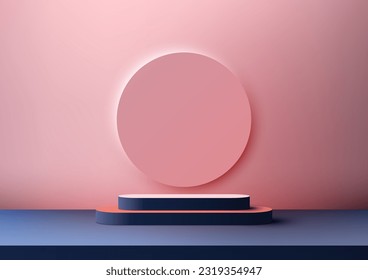 3D realistic blue podium steps stand with circle backdrop minimal wall scene on pink background. Use for product presentation, cosmetic product display, showcase, media banner. Vector illustration