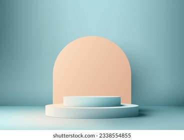 Los escalones tridimensionales de podio azul se encuentran en el suelo con un fondo beige y un fondo azul. Esta ilustración vectorial es perfecta para las modernas maquetas de exposición de productos interiores, salas de exposición, vitrinas.