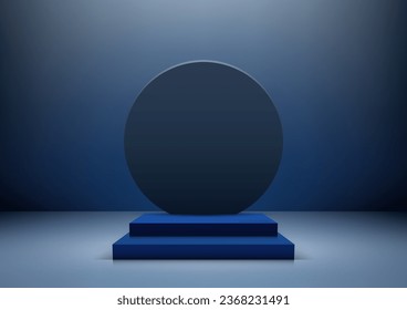 3D realistic blue podium steps decoration with circle backdrop is perfect for product display in showrooms, showcases. Vector illustration