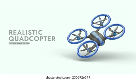 3d realistic blue quadcopter. Poster for company sells mini-drone reconnaissance. Modern video surveillance device. Colorful vector illustration in cartoon style with blue background