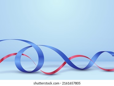 3D realistic blue and red ribbon curly on blue room background Independence day. Vector illustration