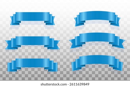 3d realistic blue ribbons set. Ribbons collection isolated on white background. Design element, decorative sticker. Cute folded ribbon for sale banner, advertisement, celebrations. Vector illustration