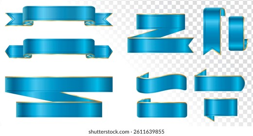 3d realistic blue ribbons set. Ribbons collection isolated on white background. Design element, decorative sticker. Cute folded ribbon for sale banner, advertisement, celebrations. Vector illustration