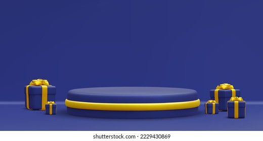 3d realistic blue round podium with gold circle on light background. Scene and platform with gift boxes on light background. Design pedestal for christmas. Vector illustration