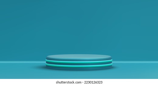 3d realistic blue round podium. Scene and platform on light background. Design pedestal for award and winner. Vector illustration