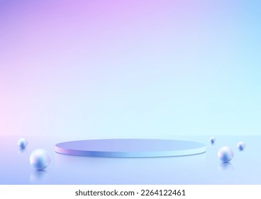 3D realistic blueand pink gradient empty podium platform product display decoration with sphere balls minimal wall scene background. You can use for cosmetic mockup presentation, promotion sale