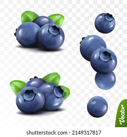 3D realistic blueberry set, two lying heaps of berries with leaves, falling bilberries
