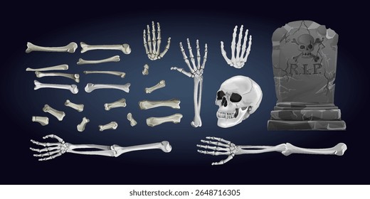 3d ossos realistas e crânio ao lado de uma lápide, um túmulo.. Conceito de vetor de Halloween. Composição para uma paisagem de cemitério assustador. Feitiçaria negra.