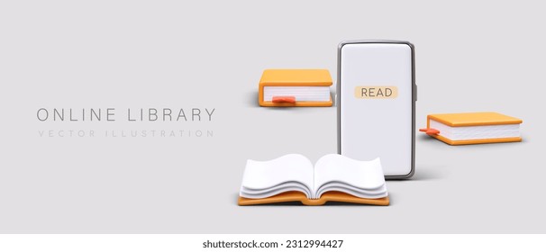 3d libros realistas y teléfono móvil. Afiche web para biblioteca en línea. Descargar libros a través de tu teléfono o leer en concepto de aplicación móvil. Ilustración vectorial colorida en colores gris y naranja