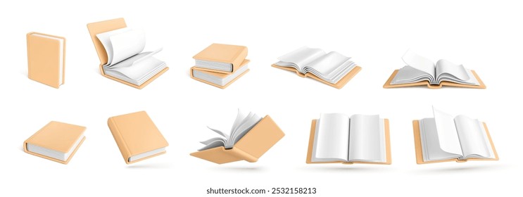 Conjunto de libros realistas 3D aislados sobre fondo blanco. Iconos de libro 3D. Ilustración vectorial