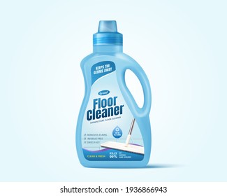 3d realistic bottle package mock up for floor cleaner branding, isolated illustration on blue background, suitable for advertising poster.