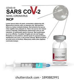 3d realistic bottle and syringe for poster and banners with satellite silhouette. A vaccine against the coronavirus COVID-19. Close-up isolated on a white background.