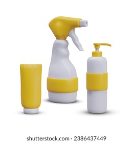 3d realistic bottles with yellow elements. Plastic bottles of household chemicals and cleaning products. Home care and cleaning concept. Vector illustration