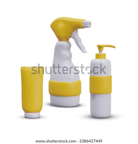 3d realistic bottles with yellow elements. Plastic bottles of household chemicals and cleaning products. Home care and cleaning concept. Vector illustration