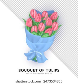 Ramo realista 3d de hermosos tulipanes rosados brillantes envueltos en papel artesanal azul y atados con lazo de seda. Manojo tridimensional de flores de primavera como regalo de la celebración sobre fondo transparente