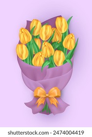 Ramo realista 3d de hermosos tulipanes amarillos brillantes envueltos en papel artesanal y atados con un lazo de seda. Manojo tridimensional de flores de primavera como regalo de la celebración en el fondo púrpura suave