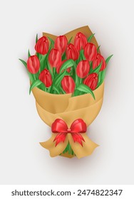 Ramo realista 3d de hermosos tulipanes rojos brillantes envueltos en papel artesanal y atados con un lazo beige. Manojo tridimensional de flores de primavera como regalo de la celebración en el fondo blanco