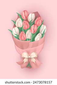 Ramo realista 3d de hermosos tulipanes rosas y blancos envueltos en papel artesanal y atados con un lazo beige. Manojo tridimensional de flores de primavera como regalo de la celebración en el fondo rosa suave