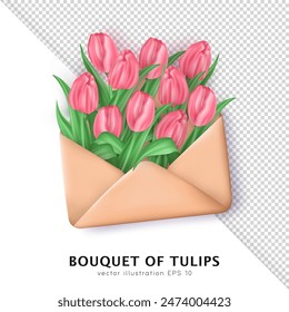 Ramo realista 3d de tulipanes rosados brillantes dentro del sobre de papel abierto aislado sobre fondo transparente. Carta tridimensional de la historieta con las flores de la flor de primavera como elemento de decoración para el saludo