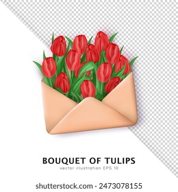 Ramo realista 3d de tulipanes rojos brillantes dentro del sobre de papel abierto aislado sobre fondo transparente. Carta tridimensional de la historieta con las flores de la flor de primavera como elemento de decoración para el saludo