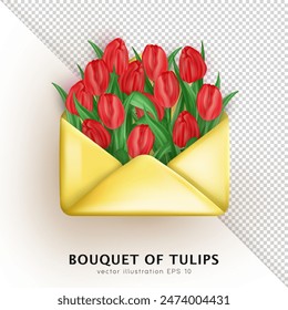 Ramo realista 3d de tulipanes rojos brillantes en el interior abierto sobre brillante aislado sobre fondo transparente. Carta tridimensional de la historieta con las flores de la flor de primavera como decoración para la tarjeta de felicitación