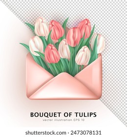 Ramo realista 3d de tulipanes rosados y blancos dentro de un sobre brillante abierto aislado sobre fondo transparente. Carta tridimensional de la historieta con las flores de la flor de primavera como decoración para la tarjeta de felicitación