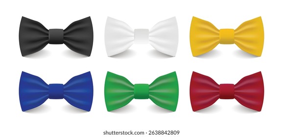 3D Realistic Bow Tie Set, Black, White, Yellow, Red, Blue, Green, Silk Glossy Bowtie, Gentleman, Male, Man and Boy Accessory, Fashion Design Template. Vector.