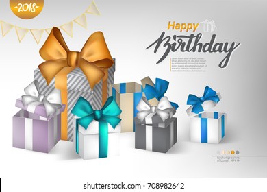 3D realistic boxes mock-up with a handwritten text "happy birthday". You can change the colors of boxes. Poster to a greeting card, banner design, printable wall art, etc. Eps10 vector.