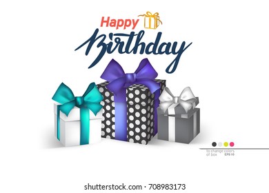 3D realistic boxes mock-up with a handwritten text "happy birthday". You can change the colors of boxes. Poster to a greeting card, banner design, printable wall art, etc. Eps10 vector.