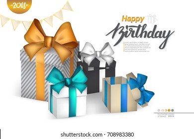 3D realistic boxes mock-up with a handwritten text "happy birthday". You can change the colors of boxes. Poster to a greeting card, banner design, printable wall art, etc. Eps10 vector.