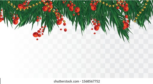 3D realistic branches, holly red berries on transparent background. Christmas and Happy new year. Fir branches with copy space for your text. Horisontal beautiful banner illustration