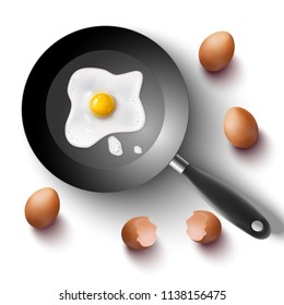 3d realistic breakfast, sunny side up fried eggs on the pan with whole farm eggs and egg shell around.