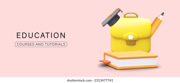 3d realistic briefcase, pencil, book and hat. Advertising poster for college concept. Web page with button courses and tutorials. Colorful vector illustration in cartoon style with green background