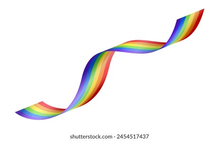 3d realistic bright curled rainbow ribbon isolated on transparent background. Wavy colorful tape with LGBTQ+ rainbow flag symbolizing love, inclusion and diversity, perfect for Pride month events.