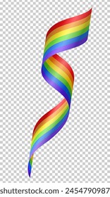 3d realistic bright curled rainbow ribbon isolated on transparent background. Wavy colorful tape with LGBTQ+ rainbow flag symbolizing love, inclusion and diversity, perfect for Pride month events.