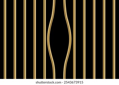 3D realistic broken golden cage with bent sticks to suspects crime escape from police jail, grate with gold curved rod for criminal jailbreak. Prison bars vector illustration.