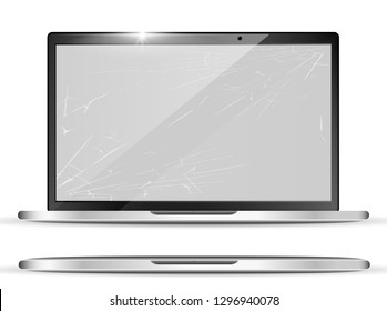 3d realistic broken screen - notebook with cracks on display. Shattered modern laptop. Digital object. Vector illustration.