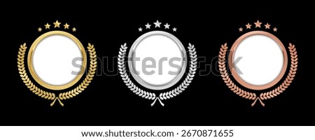 3D realistic bronze, silver and golden awards with laurel wreath on dark background. First, second and third place blank medals